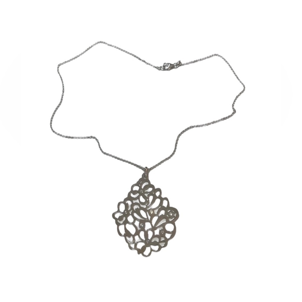 NIP Bronze Milor Italy Silver Tone Floral Pendant Necklace w/ Rhinestone Detail